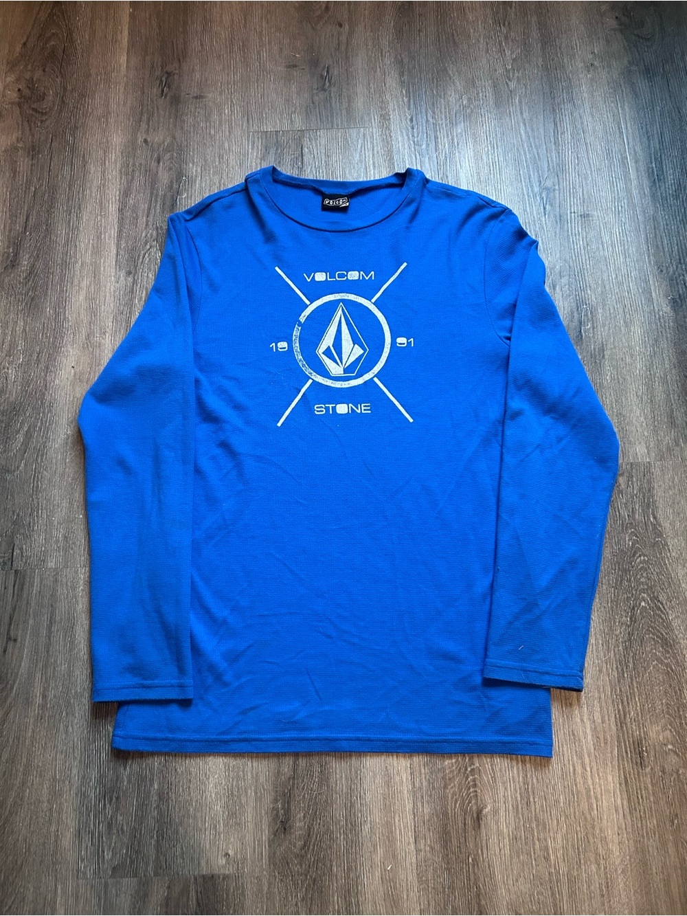 Y2K Volcom Men's Thermal Long Sleeve Shirt Pullover Sweatshirt Crew Neck Blue M